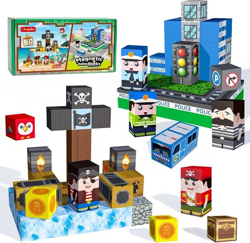 100 PCS Kids Magnetic Building Blocks, Police Station and Pirate Ship Theme, Educational Construction Toy Set, Creative Learning Playset in Saudi Arabia