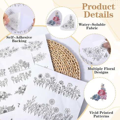 26 Pcs Embroidery Patterns, Floral Designs Water Soluble Embroidery Patterns, Sewing Accessories, Stick and Stitch Designs for Craft Enthusiasts Sewing in Saudi Arabia