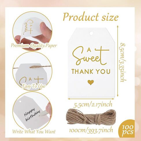 Ouligay 50Pcs Thank You Gift Tags with String, Gold Thank You Paper Gifts Tags, 2 x 3 Inches Gift Bags Party Favors Wedding Birthday Teacher Appreciation in Saudi Arabia