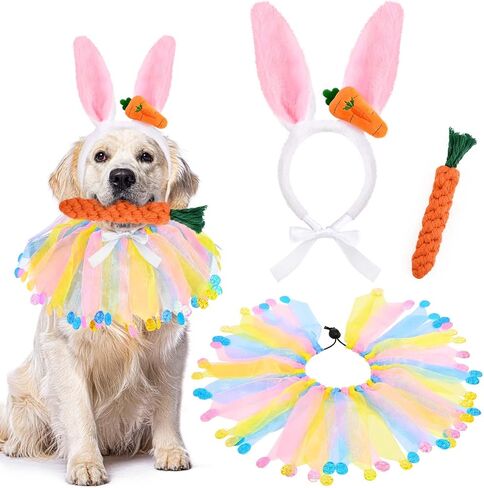 3 Pcs Dog Easter Bunny Costumes Dog Bunny Ears Headband Colorful Eggs Collar Carrot Rope Chew Toys for Easter Party Holiday Accessories in Saudi Arabia