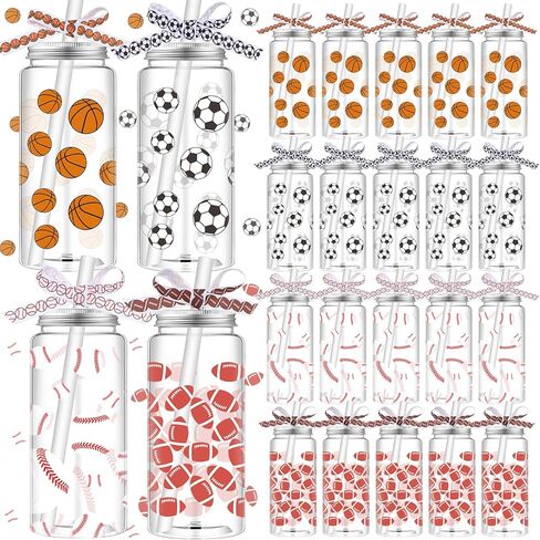 Hushee 24 Pcs 14.2 oz Sports Plastic Tumbler with Lid and Straw Basketball Football Baseball Soccer Clear Plastic Cups with 4 Sports Themed Ribbons Reusable Cups for Birthday Party Favors in Saudi Arabia