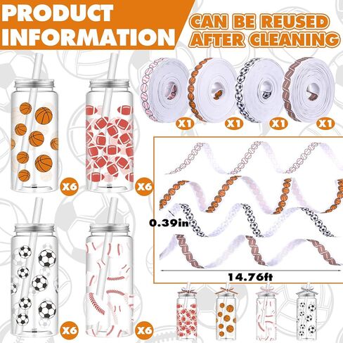Hushee 24 Pcs 14.2 oz Sports Plastic Tumbler with Lid and Straw Basketball Football Baseball Soccer Clear Plastic Cups with 4 Sports Themed Ribbons Reusable Cups for Birthday Party Favors in Saudi Arabia