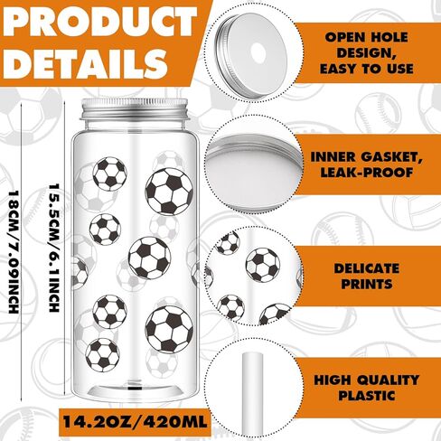 Hushee 24 Pcs 14.2 oz Sports Plastic Tumbler with Lid and Straw Basketball Football Baseball Soccer Clear Plastic Cups with 4 Sports Themed Ribbons Reusable Cups for Birthday Party Favors in Saudi Arabia