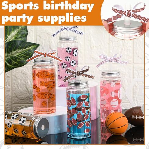 Hushee 24 Pcs 14.2 oz Sports Plastic Tumbler with Lid and Straw Basketball Football Baseball Soccer Clear Plastic Cups with 4 Sports Themed Ribbons Reusable Cups for Birthday Party Favors in Saudi Arabia