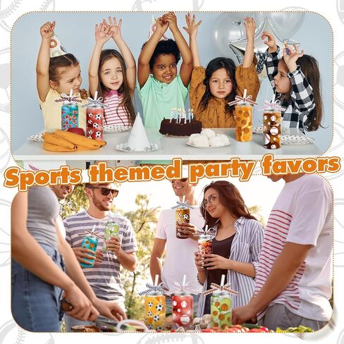 Hushee 24 Pcs 14.2 oz Sports Plastic Tumbler with Lid and Straw Basketball Football Baseball Soccer Clear Plastic Cups with 4 Sports Themed Ribbons Reusable Cups for Birthday Party Favors in Saudi Arabia