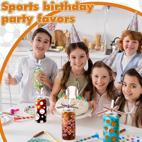Hushee 24 Pcs 14.2 oz Sports Plastic Tumbler with Lid and Straw Basketball Football Baseball Soccer Clear Plastic Cups with 4 Sports Themed Ribbons Reusable Cups for Birthday Party Favors in Saudi Arabia