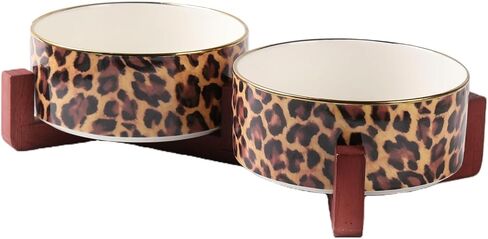 Dog Bowl Set with Wood Stand, Non-Slip Anti-Tip Elevated Design, Double Ceramic Animal Food Water Cat Bowls, Suitable for Large/Medium Sized Dog Pet Feeder Dish Station - 32 OZ, Leopard Print in Saudi Arabia