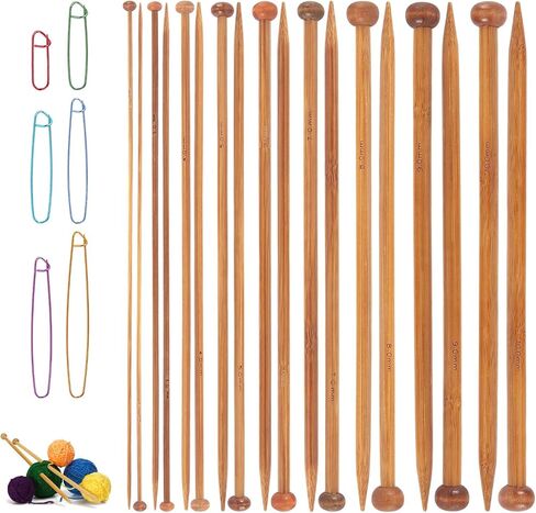 Bamboo Knitting Needles Set, 9 Pairs Single Point Straight Wood Needles for Beginners, Long Wooden Knitting Needles for Sweaters Socks Shawl Gloves Scarf(2.0-10.0mm) in Kuwait