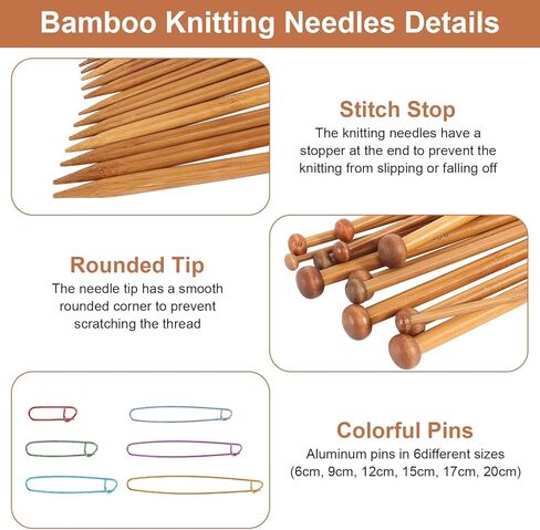 Bamboo Knitting Needles Set, 9 Pairs Single Point Straight Wood Needles for Beginners, Long Wooden Knitting Needles for Sweaters Socks Shawl Gloves Scarf(2.0-10.0mm) in Kuwait