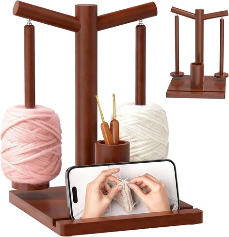 Wooden Yarn Holder with 2 Spindles and Magnetic Rotating Base, Dual Yarn Spool Organizer for Crochet and Knitting, Smooth-Spinning Yarn Dispenser for Tangle-Free Craft Projects (Brown) in Saudi Arabia