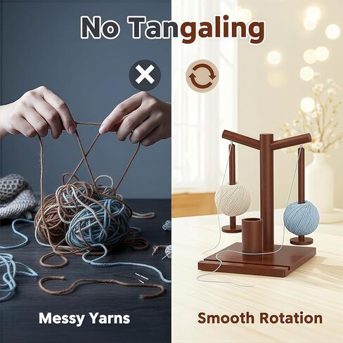 Wooden Yarn Holder with 2 Spindles and Magnetic Rotating Base, Dual Yarn Spool Organizer for Crochet and Knitting, Smooth-Spinning Yarn Dispenser for Tangle-Free Craft Projects (Brown) in Saudi Arabia