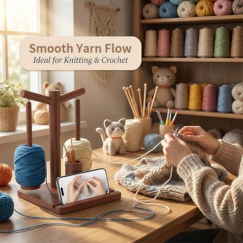 Wooden Yarn Holder with 2 Spindles and Magnetic Rotating Base, Dual Yarn Spool Organizer for Crochet and Knitting, Smooth-Spinning Yarn Dispenser for Tangle-Free Craft Projects (Brown) in Saudi Arabia