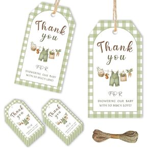 50Pcs Farmers Market Thank You Tags Locally Grown Baby Shower Party Favors Label Green Gingham Vegetable Bodysuit Gift Wrap Tags for Boys Girls Farmer's Market Baby Shower Gender Reveal Supplies in Kuwait