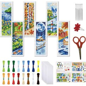 FREEBLOSS 6 Set Cross Stitch Bookmark Kit 11 CT Stamped Cross Stitch Kit DIY Embroidery Bookmark Kits for Adult Beginners with Instructions, Four Seasons Scenery, 6 x 20 cm/8" x 2.4" in Saudi Arabia