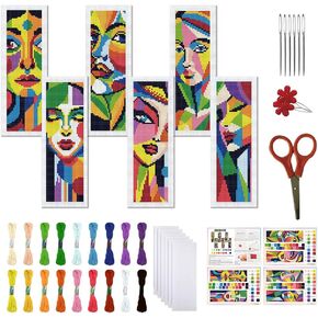 FREEBLOSS 6 Set Cross Stitch Bookmark Kit 11 CT Stamped Cross Stitch Kit DIY Embroidery Bookmark Kits for Adult Beginners with Instructions, Abstract Face Pattern, 6 x 20 cm/8" x 2.4" in Saudi Arabia