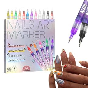 12 Colors Nail Art Pens Set, Colourful Nail Art Polish Pen Drawing Painting Liner Brush DIY Nail Art Marker Pull Lines on Nail Tips Manicure Tools Easy to Use in Saudi Arabia