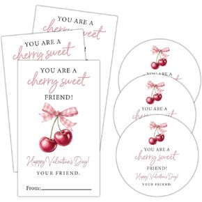 ملصقات بطاقات هدايا عيد الحب من Cherry، ملصقات ملصقات You are Cherry Sweet Friend Valentine، تصميم فيونكة وردية، لوازم تغليف وديكور هدايا الحفلات المدرسية، تناسب الأولاد والبنات، 20 مستديرة و20 مستطيلة in Kuwait