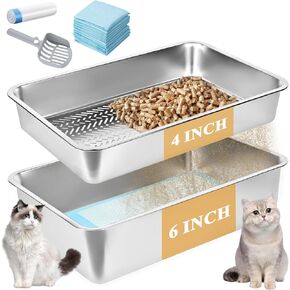 23.6''x15.7''x6'' Stainless Steel Sifting Litter Box, XL Large Metal Sifting Cat Litter Box for Pine Pellets, Litter Pan Tray System for Indoor Cats with Scoop and Pee Pad, Easy to Clean(6 Inch) in Kuwait