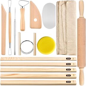 Akamino 20 Pcs Pottery Tools Include 1 Wood Rolling Pin,1 Portable Pottery Linen Tablecloth, 10 Pcs 5 Size Teaching Rolling Mud Stick Guide, 8 Clay Sculpting Tools for Manual Self Ceramic Clay Making in Saudi Arabia