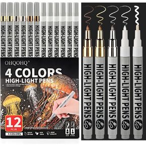 Highlight Pens 12 Pack, White Ink Pens Set with Metallic Silver Gold Bronze, Fine & Brush Tip Paint Pens for Black Paper, Card Making, Rock Painting, Glass, DIY Crafts in Kuwait