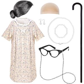 100 Days of School Costume Old Lady Costume School 100th Activity Suit Grandma Wig Granny Glasses Chain Necklace Dress in Saudi Arabia