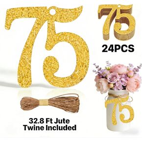 ALISSAR 24PCS Gold 75 Number Tags with 32.8 Ft Jute Twine – 75th Birthday Decorations, 75th Anniversary Party Supplies, Mason Jar Centerpieces, Gift Wrapping & Table Decor Kit in Saudi Arabia