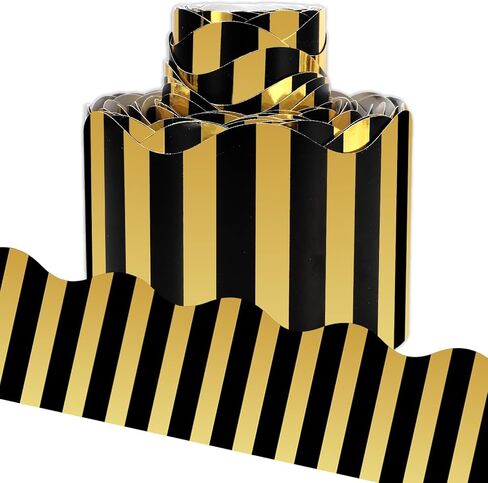 Whaline 32.8ft Stripe Bulletin Board Border Back to School Black with Gold Foil Stripe Die-Cut Rolled Border Trim for Classroom Home Chalkboard Decoration in Saudi Arabia