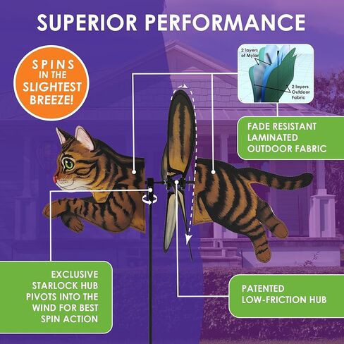 Premier Kites Petite Spinner Brown Tabby Cat – Whimsical Wind Spinner for Yard & Garden, Durable Weather-Resistant Fabric, Easy to Assemble, Outdoor Decor for Patios, Lawns, & Fairy Lovers in Saudi Arabia