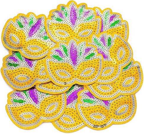 12 Pcs Mardi Gras Sequins Iron on Patches Mardi Gras Mask Patch Purple Gold Green Masquerade Mask Glitter Appliques Iron on Transfers for Carnival DIY Craft Clothing Dress Hats Backpack Decor in Saudi Arabia