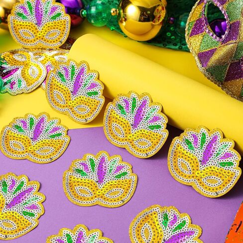 12 Pcs Mardi Gras Sequins Iron on Patches Mardi Gras Mask Patch Purple Gold Green Masquerade Mask Glitter Appliques Iron on Transfers for Carnival DIY Craft Clothing Dress Hats Backpack Decor in Saudi Arabia