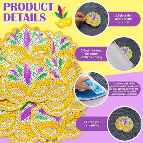 12 Pcs Mardi Gras Sequins Iron on Patches Mardi Gras Mask Patch Purple Gold Green Masquerade Mask Glitter Appliques Iron on Transfers for Carnival DIY Craft Clothing Dress Hats Backpack Decor in Saudi Arabia