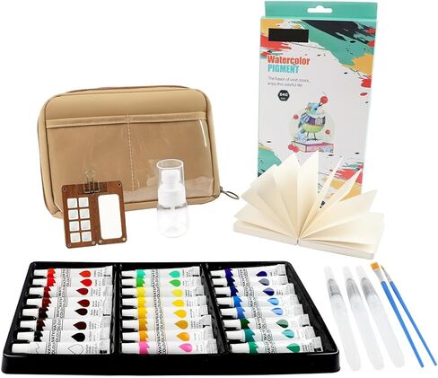 Mini Watercolor Paint Set, 24 Color Mini Watercolor Travel Set with 15-Grid Walnut Wood Palette, Portable Watercolor Kit with Zipper Case, Sketchbook & Brush, All-in-One Art Gift in Saudi Arabia