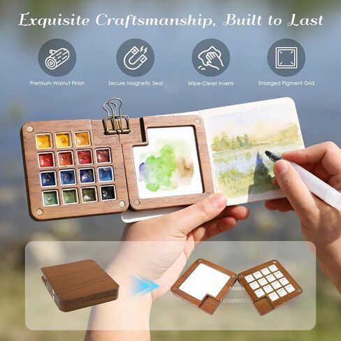 Mini Watercolor Paint Set, 24 Color Mini Watercolor Travel Set with 15-Grid Walnut Wood Palette, Portable Watercolor Kit with Zipper Case, Sketchbook & Brush, All-in-One Art Gift in Saudi Arabia
