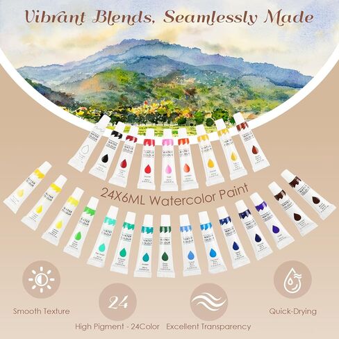 Mini Watercolor Paint Set, 24 Color Mini Watercolor Travel Set with 15-Grid Walnut Wood Palette, Portable Watercolor Kit with Zipper Case, Sketchbook & Brush, All-in-One Art Gift in Saudi Arabia