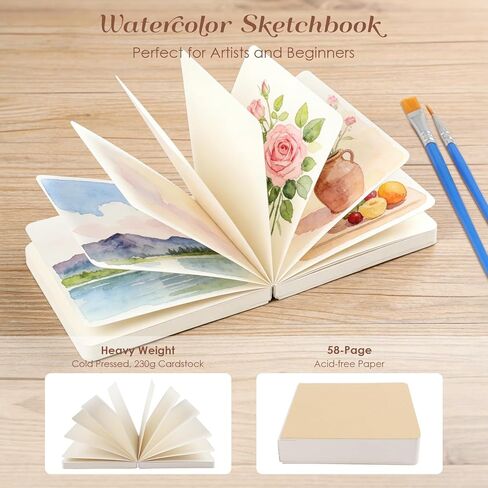 Mini Watercolor Paint Set, 24 Color Mini Watercolor Travel Set with 15-Grid Walnut Wood Palette, Portable Watercolor Kit with Zipper Case, Sketchbook & Brush, All-in-One Art Gift in Saudi Arabia