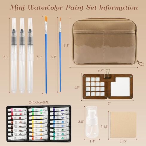 Mini Watercolor Paint Set, 24 Color Mini Watercolor Travel Set with 15-Grid Walnut Wood Palette, Portable Watercolor Kit with Zipper Case, Sketchbook & Brush, All-in-One Art Gift in Saudi Arabia