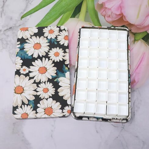 Cute Daisy Pattern Watercolor Palette Paint Tin Case with 40pcs White Plastic Half Pans for Travel Daily Life Drawing Use in Saudi Arabia