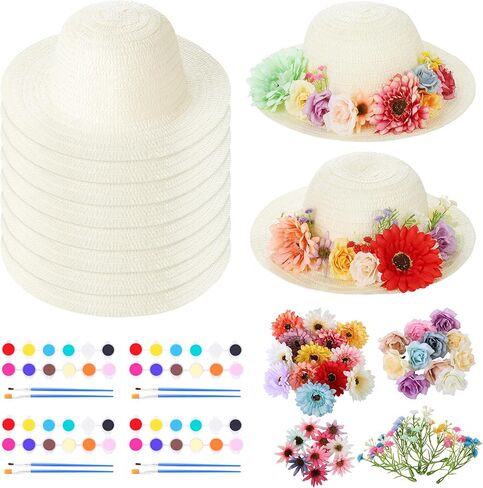 Aneco 120 Piece DIY Handmade Straw Hat Set Served for 10 Guests with Creative Craft Art Painting Hats Artificial Flowers Acrylic Paint Brushes for Summer Beach, Tea Party Dress Up in Saudi Arabia
