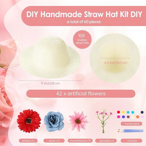 Aneco 120 Piece DIY Handmade Straw Hat Set Served for 10 Guests with Creative Craft Art Painting Hats Artificial Flowers Acrylic Paint Brushes for Summer Beach, Tea Party Dress Up in Saudi Arabia