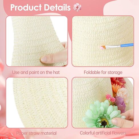 Aneco 120 Piece DIY Handmade Straw Hat Set Served for 10 Guests with Creative Craft Art Painting Hats Artificial Flowers Acrylic Paint Brushes for Summer Beach, Tea Party Dress Up in Saudi Arabia