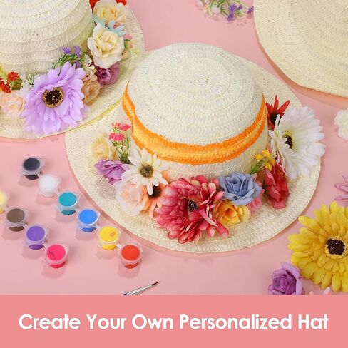 Aneco 120 Piece DIY Handmade Straw Hat Set Served for 10 Guests with Creative Craft Art Painting Hats Artificial Flowers Acrylic Paint Brushes for Summer Beach, Tea Party Dress Up in Saudi Arabia