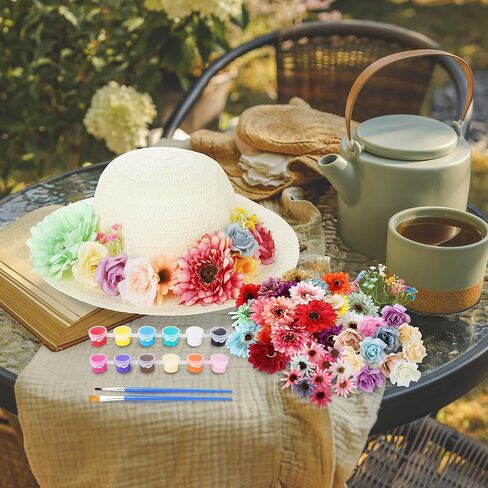 Aneco 120 Piece DIY Handmade Straw Hat Set Served for 10 Guests with Creative Craft Art Painting Hats Artificial Flowers Acrylic Paint Brushes for Summer Beach, Tea Party Dress Up in Saudi Arabia