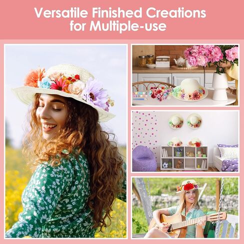 Aneco 120 Piece DIY Handmade Straw Hat Set Served for 10 Guests with Creative Craft Art Painting Hats Artificial Flowers Acrylic Paint Brushes for Summer Beach, Tea Party Dress Up in Saudi Arabia