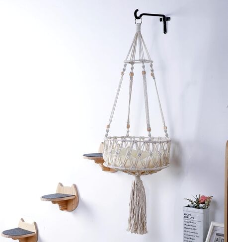 أرجوحة SHENGOCASE Macrame Boho Cat مع 3 خطوات وخطاف، سرير متأرجح مثبت على الحائط، سرير معلق للقطط للقطط الداخلية، أثاث حائط (13 بوصة) in Kuwait