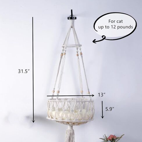 أرجوحة SHENGOCASE Macrame Boho Cat مع 3 خطوات وخطاف، سرير متأرجح مثبت على الحائط، سرير معلق للقطط للقطط الداخلية، أثاث حائط (13 بوصة) in Kuwait