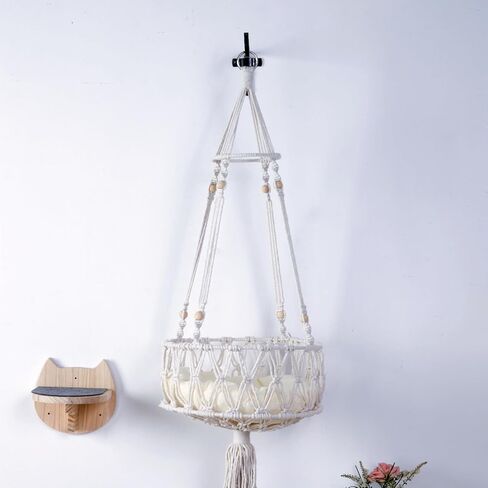 أرجوحة SHENGOCASE Macrame Boho Cat مع 3 خطوات وخطاف، سرير متأرجح مثبت على الحائط، سرير معلق للقطط للقطط الداخلية، أثاث حائط (13 بوصة) in Kuwait