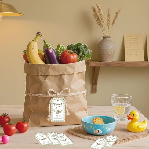 50Pcs Farmers Market Thank You Tags Locally Grown Baby Shower Party Favors Label Green Gingham Vegetable Bodysuit Gift Wrap Tags for Boys Girls Farmer's Market Baby Shower Gender Reveal Supplies in Kuwait