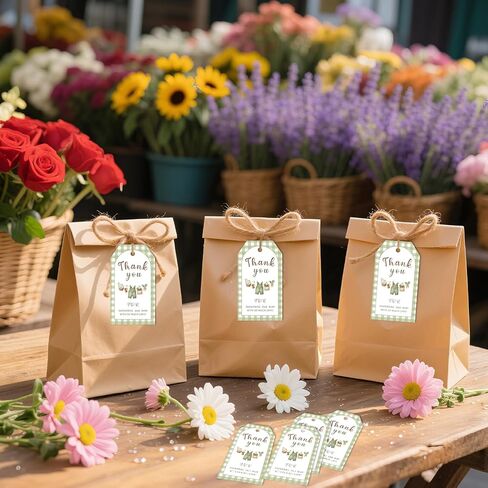 50Pcs Farmers Market Thank You Tags Locally Grown Baby Shower Party Favors Label Green Gingham Vegetable Bodysuit Gift Wrap Tags for Boys Girls Farmer's Market Baby Shower Gender Reveal Supplies in Kuwait