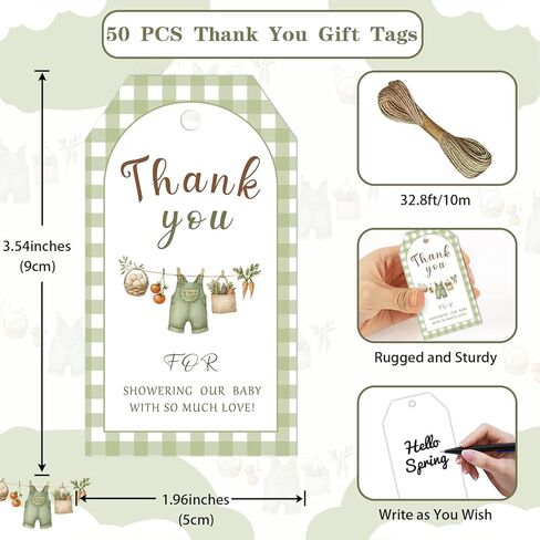 50Pcs Farmers Market Thank You Tags Locally Grown Baby Shower Party Favors Label Green Gingham Vegetable Bodysuit Gift Wrap Tags for Boys Girls Farmer's Market Baby Shower Gender Reveal Supplies in Kuwait