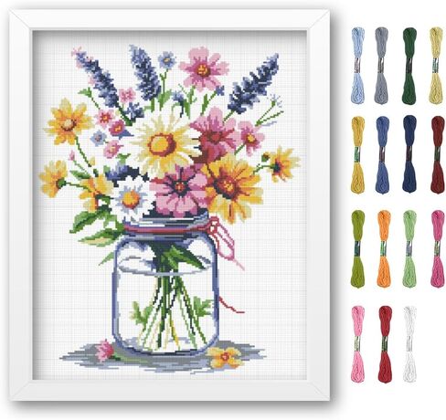 FREEBLOSS Flower Cross Stitch Kits for Beginners Stamped Cross Stitch Wall Hanging Kits with Instruction Embroidery Kit Needlepoint Kits for Adults in Saudi Arabia